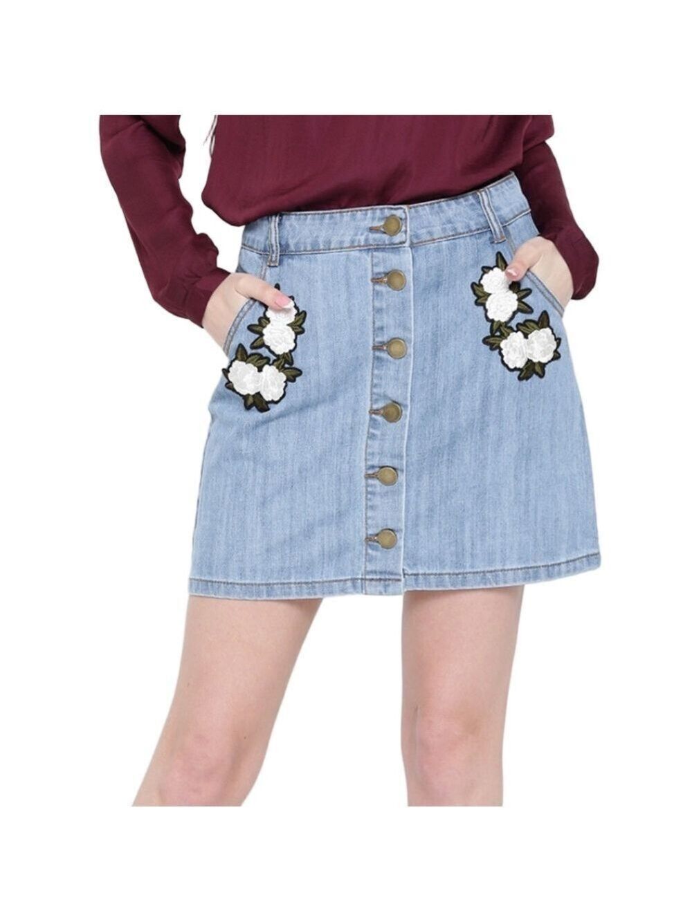Floral patch boho cottagecore Y2K button front cotton denim jean mini skirt M